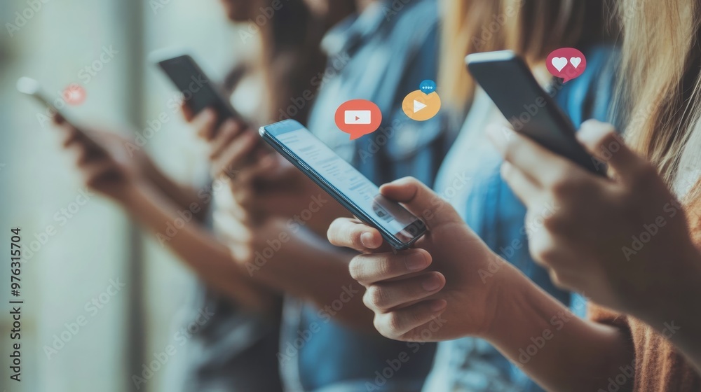 Poster youth in urban setting using smartphones for various online activities. digital age and modern commu