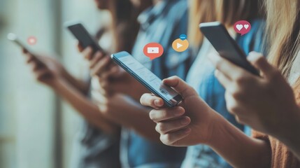 Youth in urban setting using smartphones for various online activities. Digital age and modern communication concept.