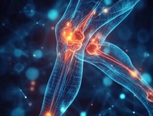 Digital illustration of human leg anatomy highlighting neural networks and joints in a futuristic style