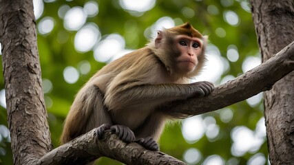 Portrait of a Brown Macaca Monkey Climbing on a Branch: Eye Contact in a Forest Park Setting, Perfect Material for Creative Ideas &ndash; Isolated on White Background with Clipping Path and Transparency