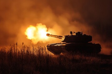 Fototapeta premium A military tank firing its main gun in darkness, creating a dramatic burst of flame and light against a night sky