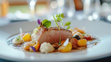 High-end gourmet dish with intricate plating and a fine dining atmosphere