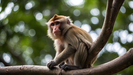 Fototapeta premium Portrait of a Brown Macaca Monkey Climbing on a Branch: Eye Contact in a Forest Park Setting, Perfect Material for Creative Ideas – Isolated on White Background with Clipping Path and Transparency