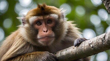 Portrait of a Brown Macaca Monkey Climbing on a Branch: Eye Contact in a Forest Park Setting, Perfect Material for Creative Ideas &ndash; Isolated on White Background with Clipping Path and Transparency
