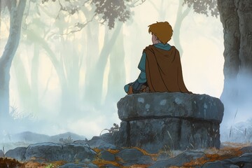 An animated character in a cloak sits on a stone, overlooking a misty, ethereal forest landscape, evoking a sense of adventure and mystery