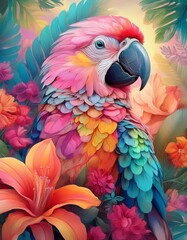 Obraz premium In a beautiful and vibrant painting, a colorful and exotic parrot is perched gracefully on a plentiful pile of assorted flowers