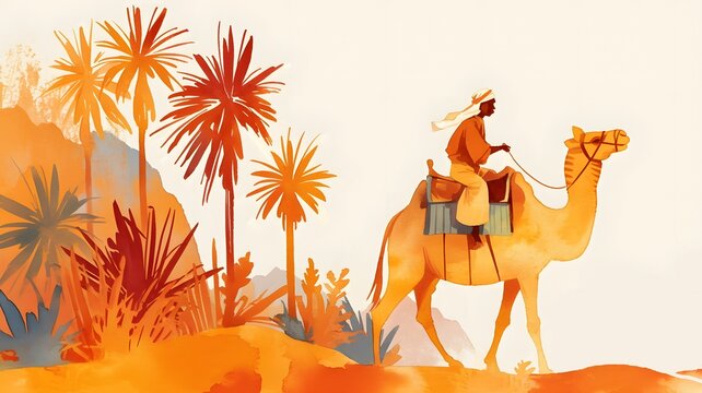 A man on camel traveling in desert. Desert landscape. Africa. Arabian desert with palms and camel rider. Watercolor sketch of  safari aborigene.