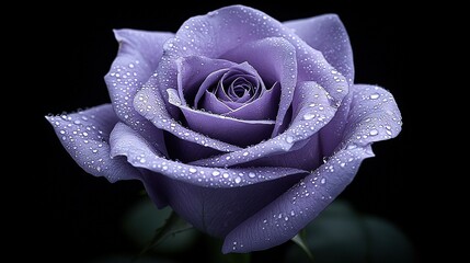   A high-resolution photo of a purple rose in sharp focus, with water droplets on its petals against a black backdrop