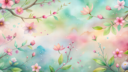 Beautiful watercolor floral pattern with blossoms and leaves on a colorful soft background for decoration