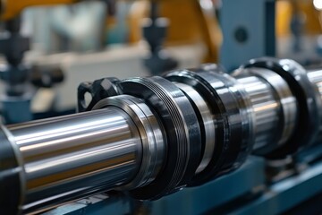 Fototapeta premium Close-up view of polished metal industrial machine parts, showcasing precision engineering and manufacturing technology