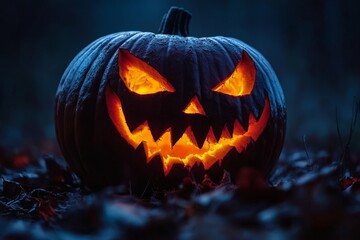 Obraz premium Carved pumpkin with glowing, menacing face against dark background, creating an eerie Halloween atmosphere