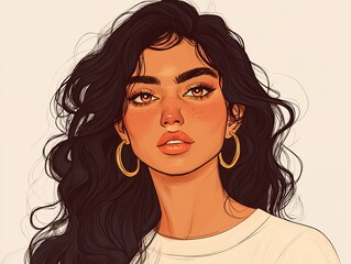 Naklejka premium Digital portrait of a confident woman with flowing black hair and hoop earrings