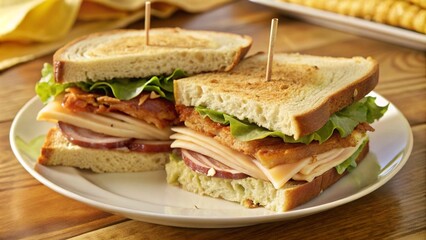 A turkey sandwich with bacon and lettuce is on a white plate. The sandwich is cut in half and has a toothpick holding it together
