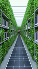 A futuristic corridor lined with greenery and solar panels, showcasing sustainable architecture and innovative design.