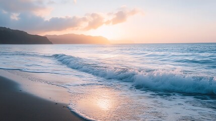 A tranquil beach scene with waves lapping at the shore under a beautiful sunset.