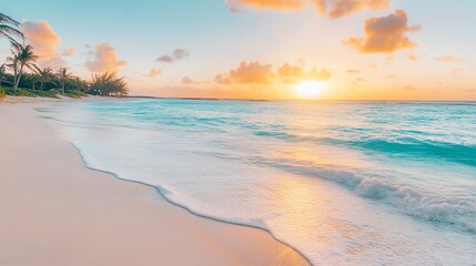 Obraz premium A tranquil beach scene at sunset with soft waves lapping on the shore.