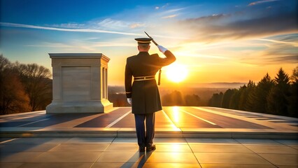 Soldier Saluting Tomb of the Unknown Soldier at Sunrise