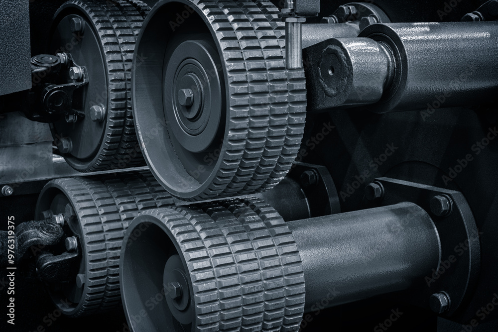 Poster a machine with many wheels and a black color. the wheels are made of metal and are connected to each
