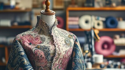 Obraz premium Mannequin with Haute Couture Fabric and Design Lines in Studio