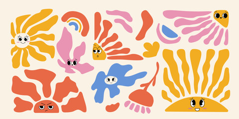 Groovy abstract floral set with emotions. Organic doodle shapes in trendy naive hippie style 60s 70s. Organic doodle shapes isolated on white background. Trendy retro naive art set.