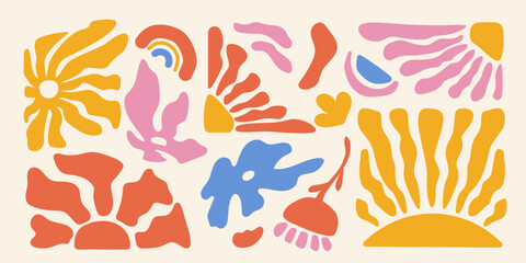 Groovy abstract floral set. Organic doodle shapes in trendy naive hippie 60s 70s style. Organic doodle shapes isolated on a white background. Trendy retro naive art set. 