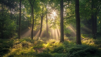 Sunbeams shining through the trees in a lush forest.