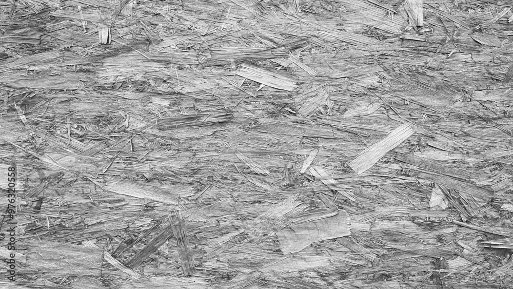 Poster a grey background with wood chips scattered across it. the wood chips are of different sizes and sha