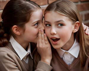 School gossip concept | High school, friends and students whispering for secret, gossip or chatting. Listening, girls or sneaky female learners sharing quiet message or information secretly in ear