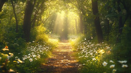 Obraz premium A sunlit path through a lush forest with white wildflowers.