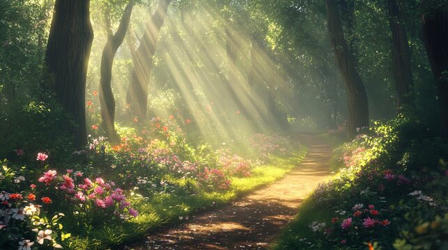 A magical forest path lined with flowers and sunbeams.
