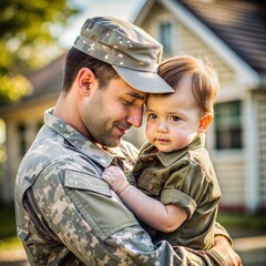 Fototapeta premium Soldier Father Holding Young Child in Military Uniform Outdoors