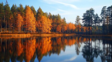Obraz premium Fall foliage reflected in a still lake.