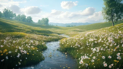 Fototapeten A tranquil stream flows through a lush meadow with wildflowers under a blue sky. © BozStock