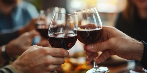 A group of friends joyfully toasting with red wine glasses, celebrating a special occasion with laughter and togetherness, capturing the essence of friendship and happiness.