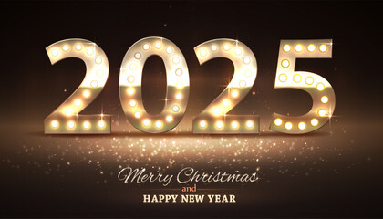 2025 New Year numbers shine  with lamp bulb, classic style.