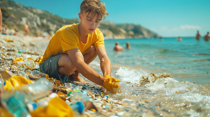 Boy collecting trash on the beach
