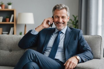 Fototapeta premium portrait Smiling mature businessman talking through mobile phone sitting on sofa at home