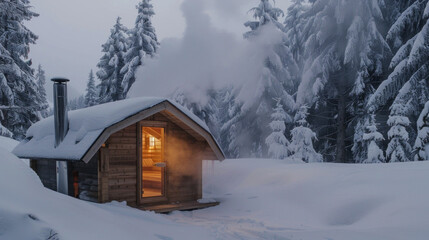 Cozy Sauna in a Snowy Landscape with Steam Rising from the Door at Sunset, Concept of Winter Leisure, Warmth in Cold, and Nature's Beauty