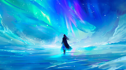 Digital illustration of a woman in a flowing dress standing in an ethereal, glowing landscape under the northern lights. Concept of mystical journey, otherworldly beauty, and solitude