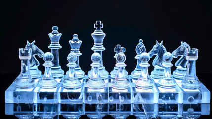 Modern brightly lit chess set made of transparent glass on a dark background. Concept of strategy, intellectual challenge, ice, and elegance. Ice Chess