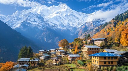 A quaint village nestled in the foothills of a majestic snow-capped mountain range.