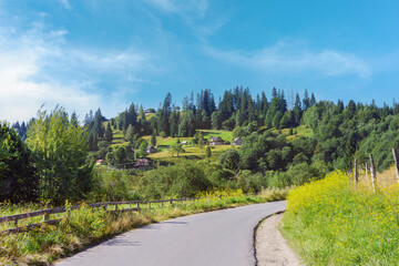Fototapeta premium Beautiful landscape of village in valley among the mountains in summer day, Carpathians, Ukraine