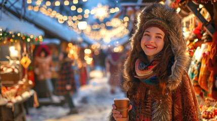 Obraz premium Young smiling woman in cozy winter fur hat and scarf holding a coffee cup at festive Christmas market. Concept of holiday cheer, winter fashion, warm beverages