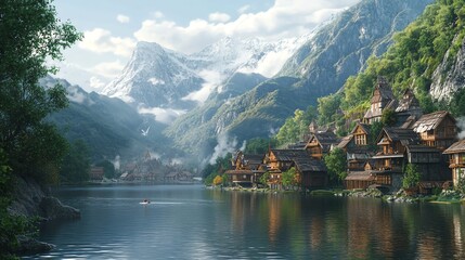 Naklejka premium A picturesque village nestled in a valley, surrounded by mountains and a tranquil lake.