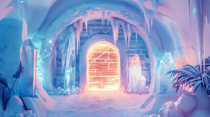 Watercolor Art of Enchanting Winter Igloo with Glowing Entrance. Concept of whimsical winter wonderland, magical icy architecture, cozy snowy retreat. Ice Hotel
