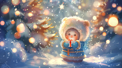 Adorable Child in Cozy Winter Clothes Holding a Gift Box in a Snowy Scene with Glowing Lights. Concept of Winter Holidays, Festive Cheer, Childhood Joy. Watercolor