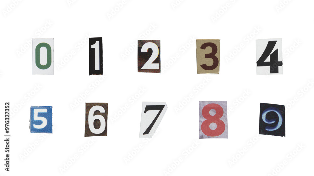 Fototapete set of cut-out ransom number from magazines on a transparent background, retro y2k style