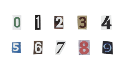 Set of cut-out ransom number from magazines on a transparent background, retro y2k style