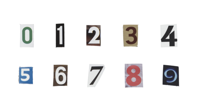 Set of cut-out ransom number from magazines on a transparent background, retro y2k style