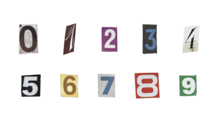 Set of cut-out ransom number from magazines on a transparent background, retro y2k style